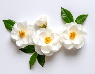 Obraz premium Elegant white camellia flowers arranged on a white background