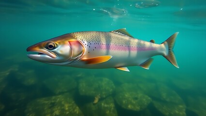 Fototapeta premium Underwater view of trout swimming in clear stream, showcasing tranquil aquatic scenery.