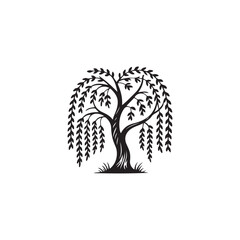 Obraz premium Elegant black and white silhouette of a weeping willow tree.A stylized, black silhouette of a weeping willow tree against a white background.