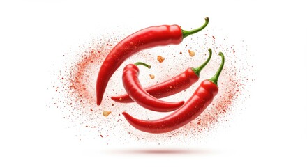 Vibrant red chili peppers float amidst a flavorful spice explosion offering fresh culinary appeal