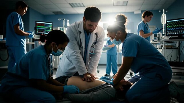 Medical team performing CPR in an emergency room with synchronized movements during critical moment