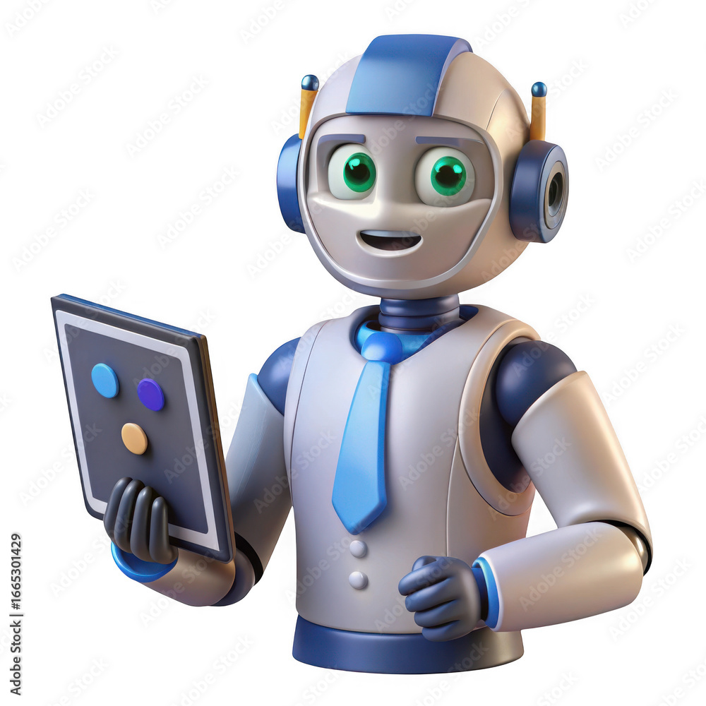 Poster 3d friendly robot holding a tablet isolated on transparent background