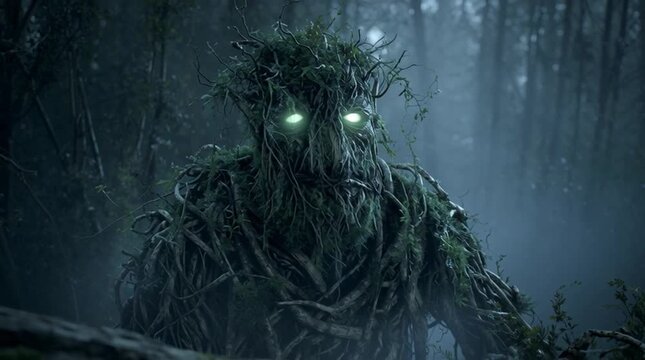 Cinematic scene of Leshy, the ancient Slavic forest spirit, rising from the earth. His body of wood, moss, and roots glows with faint green eyes amid a dark, misty primeval forest.
