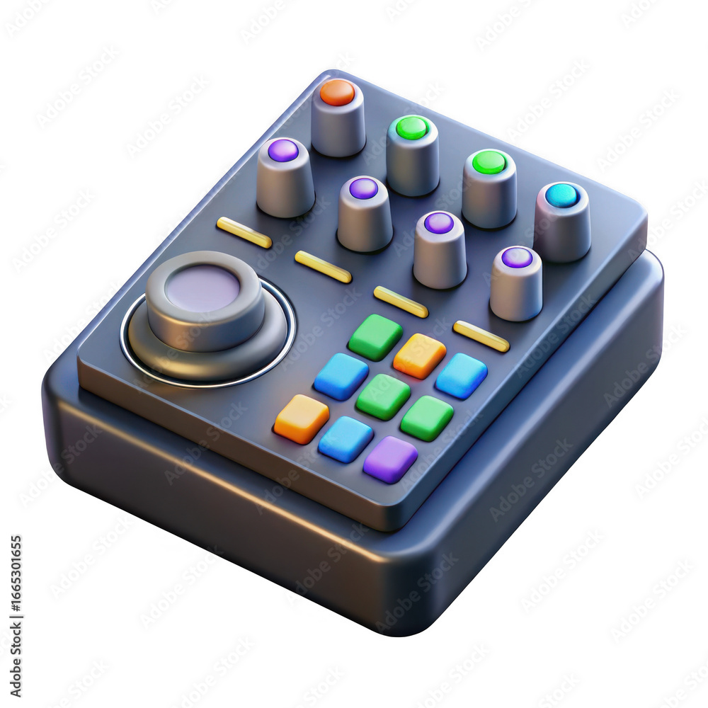 Poster 3d dj controller with colorful buttons isolated on transparent background