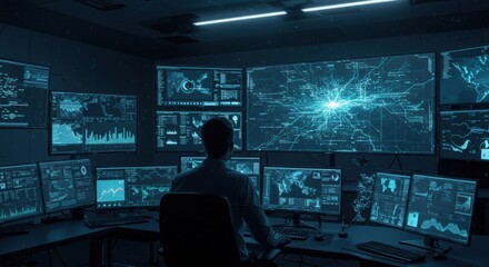 Analyst manages data on multiple monitors in control room overseeing network technology and cybersecurity systems