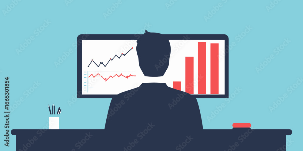 Poster businessman analyzing financial data on computer monitor with bar charts and line graphs in minimali