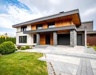 A modern two-story house with a combination of white, wood, and dark gray exterior, featuring a paved driveway and landscaping.