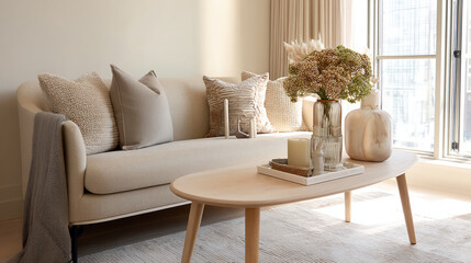 Neutral Living Room with Sofa and Decorative Coffee Table | Bright Interior Scene with Neutral Sofa and Natural Light | Modern Cozy Living Space with Neutral Couch and Stylish Coffee Table