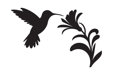 Silhouette of a hummingbird feeding from a stylized flower
