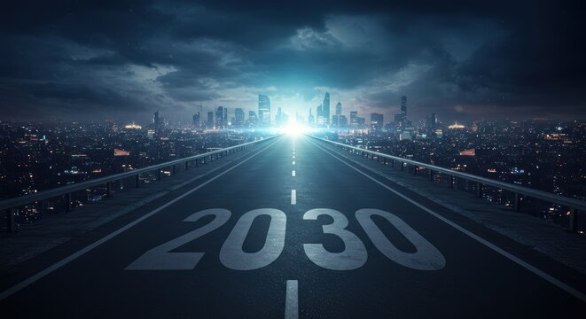 Journey towards 2030 a futuristic road leads to a glowing urban skyline symbolizing future aspirations and success - Powered by Adobe