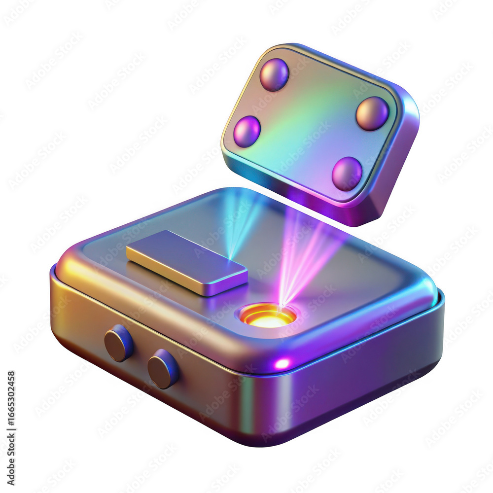 Poster 3d futuristic projector device with iridescent finish isolated on transparent background
