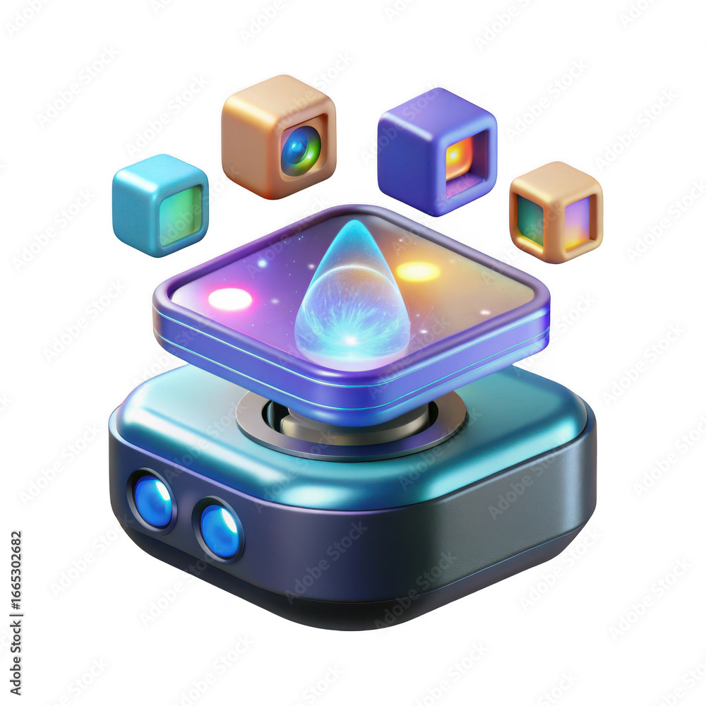 Poster 3d futuristic device with glowing orbs isolated on transparent background