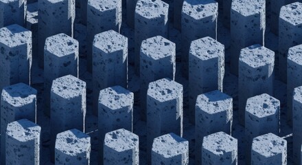 Abstract Geometric Pattern of Hexagonal Columns with Textured Surfaces in Cool Tones