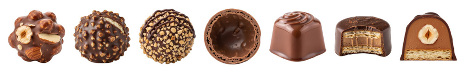 Chocolate praline set including whole, cut, cream filled, and nut-coated varieties isolated. Delicious confectionery collection.
