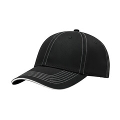 3d black baseball cap with white stitching isolated on transparent background