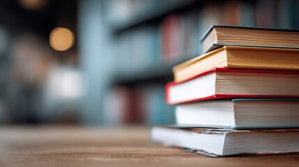 Ultra quality image of close-up of a stack of textbooks on a desk, education concept.