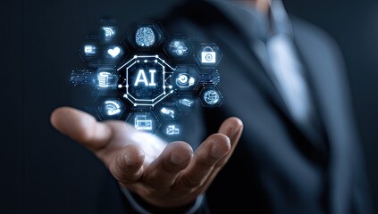 Fototapeta premium Businessman holds holographic AI icons (1)