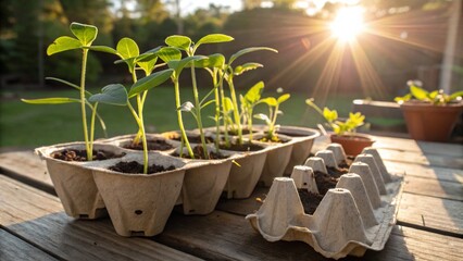 Seedlings Growing in Paper Egg Cartons in Sunlight