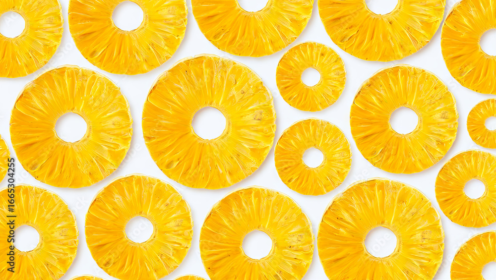 Poster vibrant yellow pineapple slices are arranged in a visually appealing pattern on a white background. 