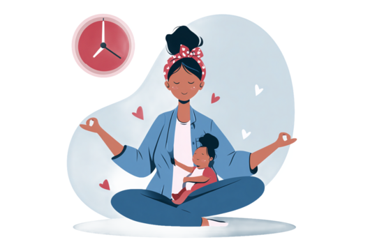 Mindful Mother Meditating with Baby and Clock, isolated on white transparent background