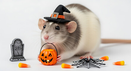 Rat wearing witch hat holding pumpkin pail with halloween decorations