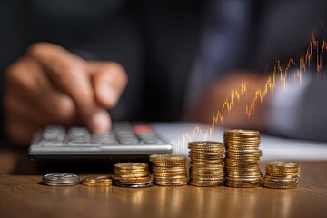 Hand using calculator near stacks of coins with upward trend graph