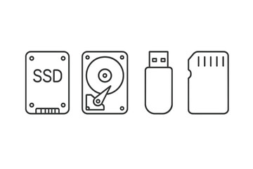 Storage devices including SSD, hard drive, USB flash drive, and memory card arranged in a row on a plain background