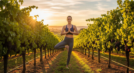A woman in tree pose practices yoga in a sunlit vineyard at sunrise. The golden light streams through the rows of grapevines, highlighting the serene and peaceful atmosphere