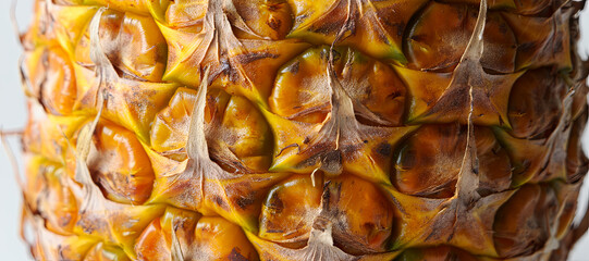 Detailed texture of a ripe pineapple showcases its vibrant yellow-orange hues and rough skin. The natural pattern reflects freshness, perfect for culinary uses and tropical themes