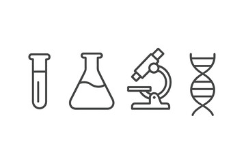 Laboratory equipment including test tubes, flasks, microscopes, and DNA strands in a scientific setting