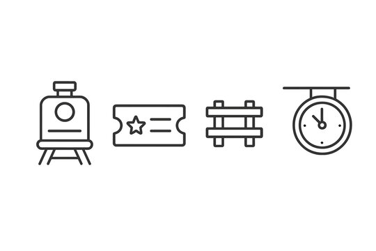 Vintage train station elements including a ticket, tracks, and clock displayed in a minimalistic style