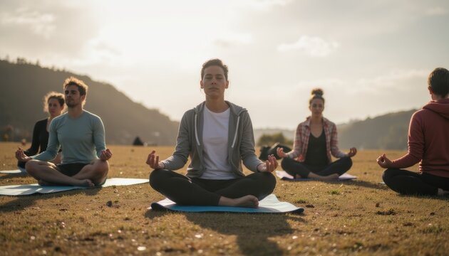 group of people practicing yoga in the park