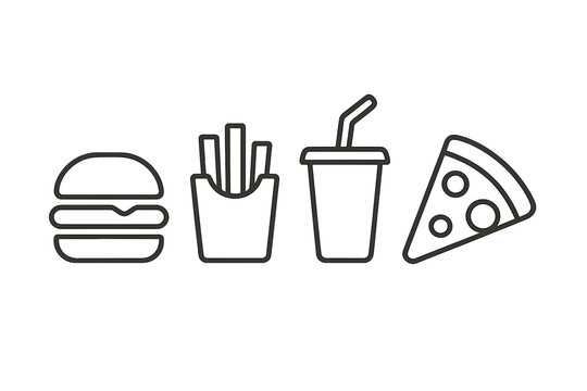 Delicious fast food items including a burger, fries, soft drink, and pizza displayed in a simple line art style