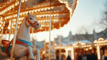A girl rides a beautiful horse on a festive carousel at a charming Christmas market during the holiday season, Christmas, New Year fair