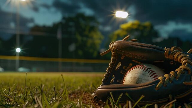 A baseball glove sits atop a lush green grassy field, perfect for an outdoor game or practice