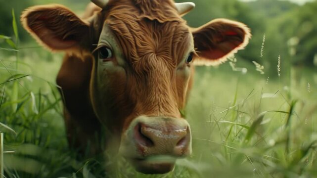 A close-up shot of a cow grazing in a lush green meadow