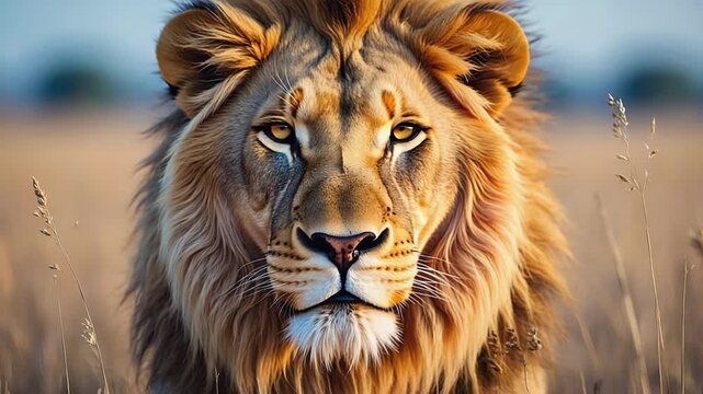 Slow motion close-up of majestic lion in golden savanna sunset, cinematic nature documentary look.