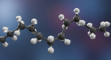 A high-quality 3D render of a long hydrocarbon chain molecule, set against a futuristic, blurred background. The detailed molecular structure with its carbon and hydrogen atoms is clearly visible