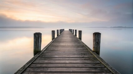 Fototapeta premium Tranquil scene of a wooden pier stretching into a calm lake under a misty sky at dawn