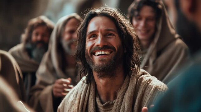 Smiling Jesus talking to his disciples	
