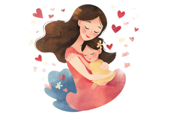 Loving Mother and Child Hugging with Hearts - isolated on white transparent background