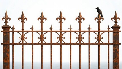 Rusty iron fence with fleurdelis design and a crow perched on top against a bright sky