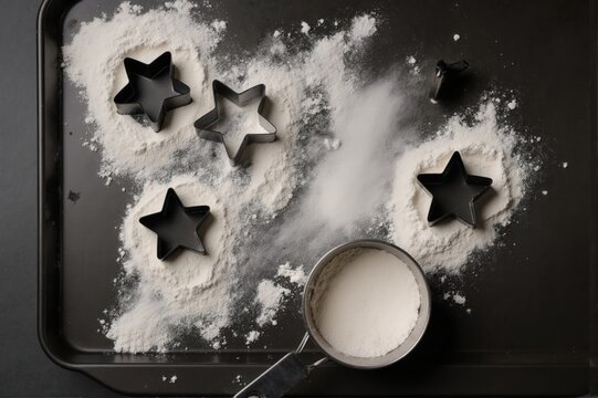 Star-shaped cookie cutters arranged on a baking tray with flour - Powered by Adobe