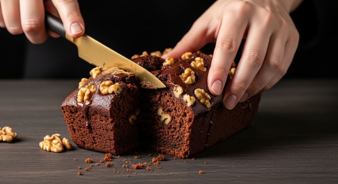 Cutting homemade chocolate walnut cake on wooden table