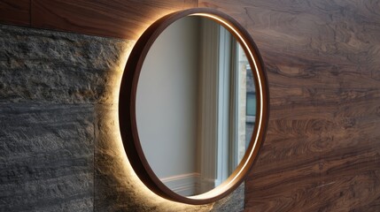Ultra quality image of modern wooden mirror with clean lines and soft lighting reflecting contemporary decor.