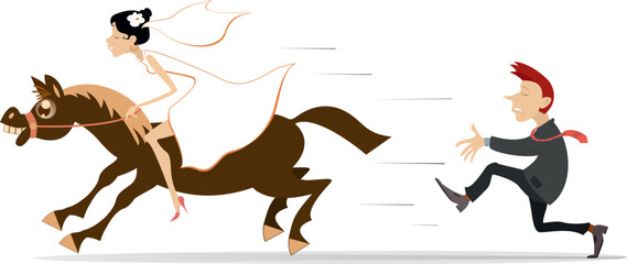 Obraz premium Chasing love. The runaway bride. Bride runs away from the bridegroom on the horse back 