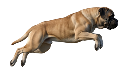 High jumping English Mastiff dog showcasing its strength and agility in a detailed side view against a transparent background