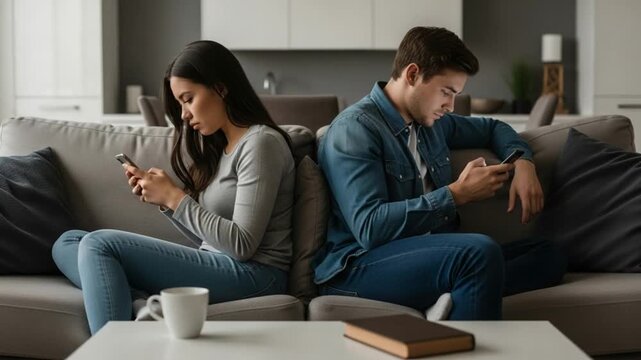 Unhappy Couple Ignoring Each Other on Couch, Focused on Smartphones and Technology