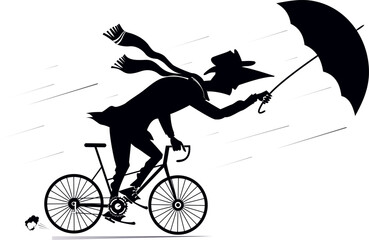 Rainy and windy day and man rides a bike. 
Bad weather. Man with an umbrella rides a bike under strong wind and rain. Black and white illustration
