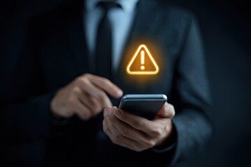 Businessman holding phone with alert icon